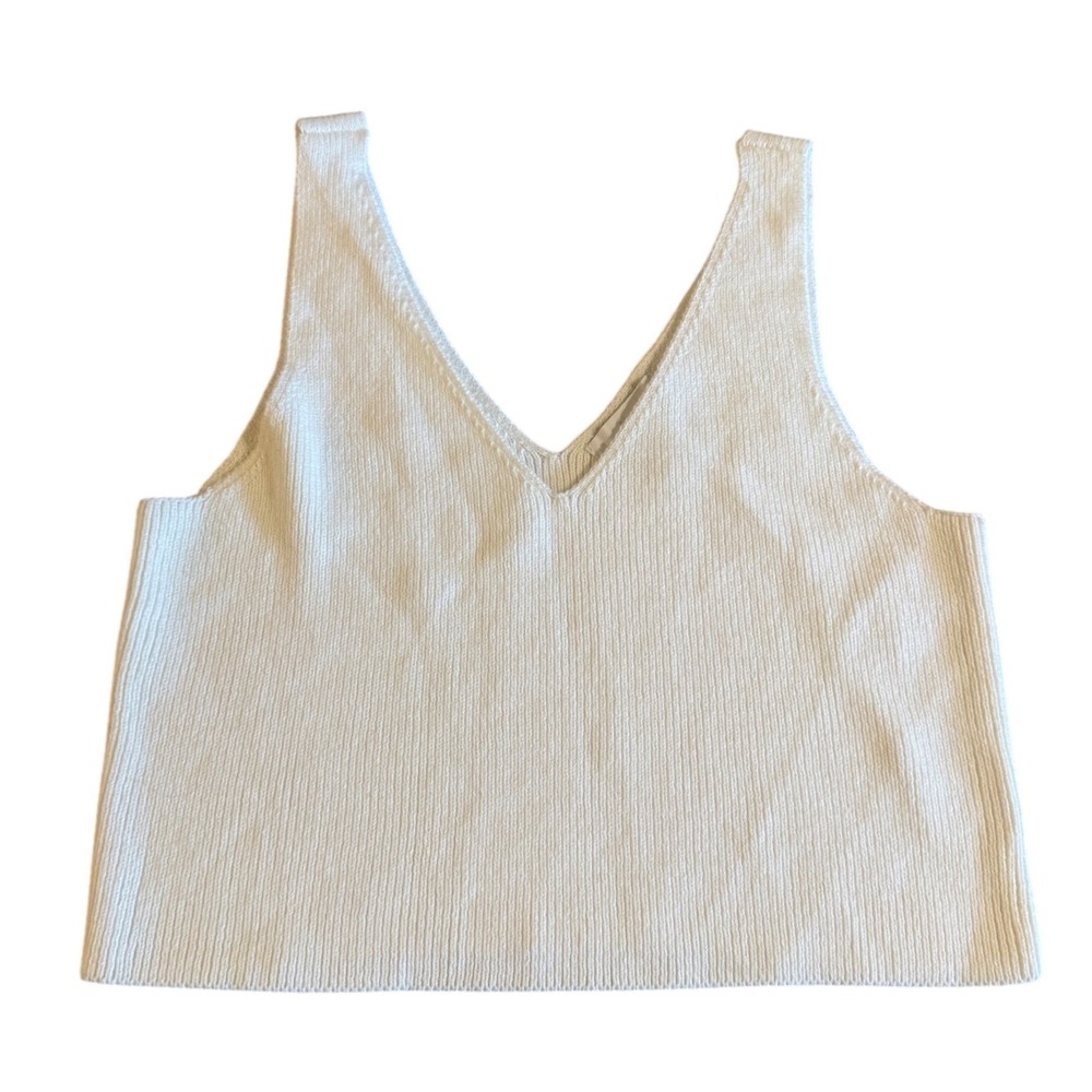 House of Harlow 1960 White Ribbed Knit V-Neck Sweater Tank Cropped Top Large